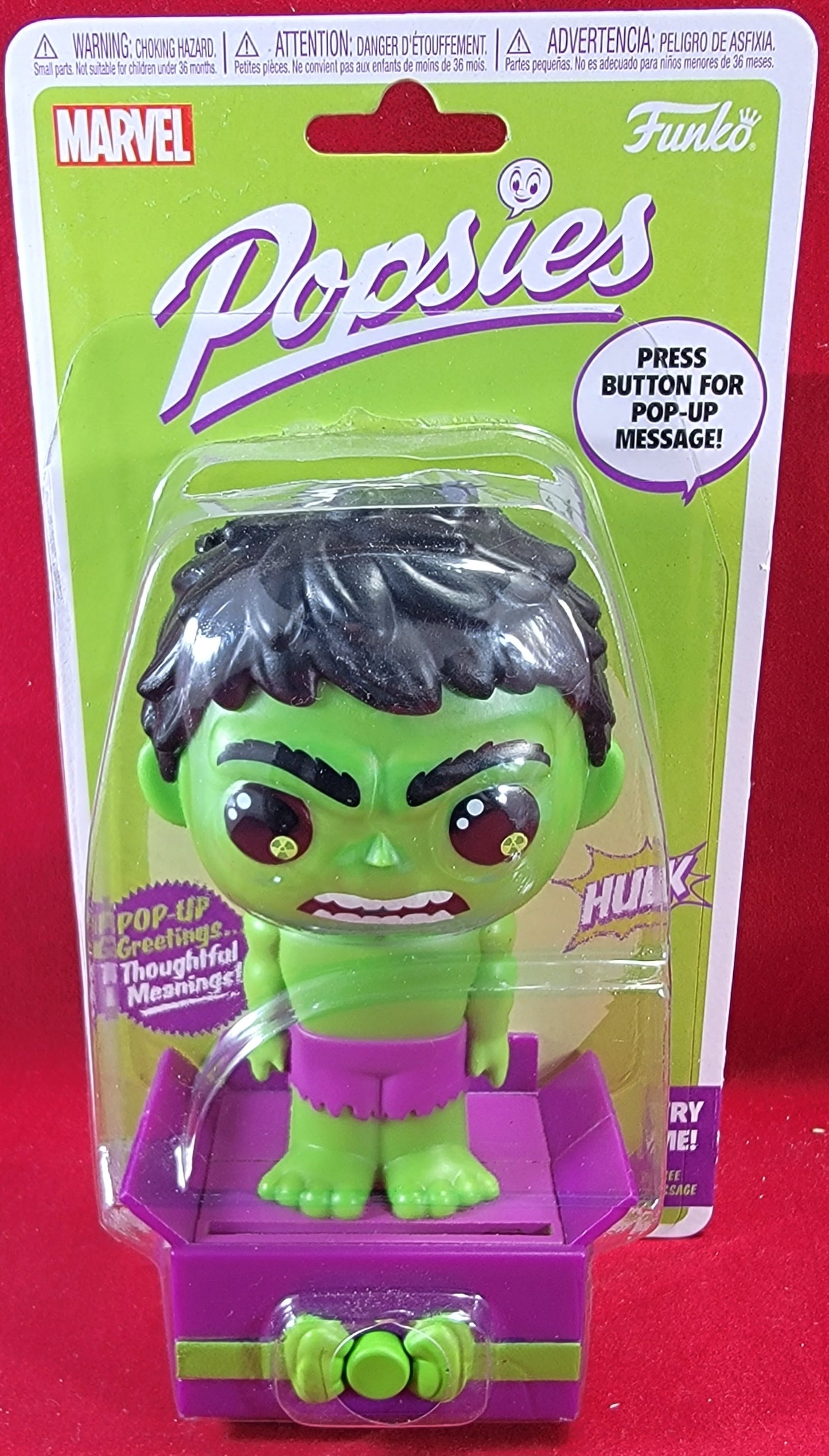 Hulk popsies 2022 (nib)
brand new Marvel popsie. popsie is 5 inches tall and 6 inches when the sign is extended. sign saids "I think you're smashing". package is sealed with only slight imperfections.