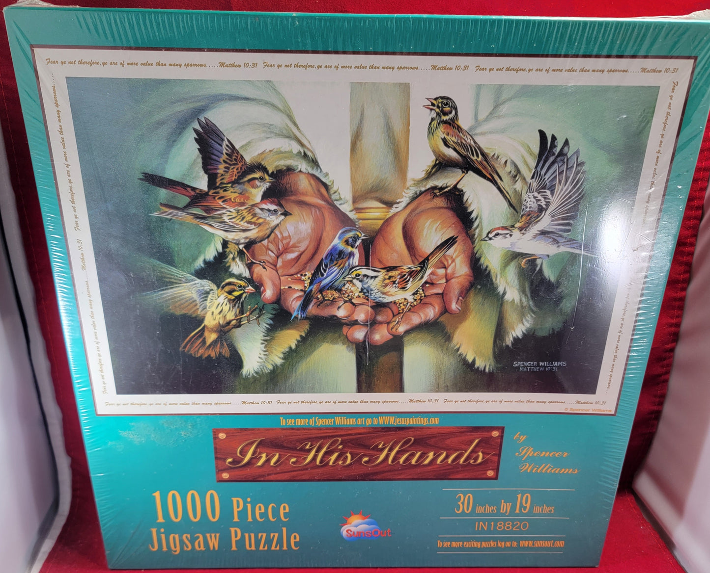 In his hands, 1000 piece jigsaw puzzle (nib)
brand new 30 inches by 19 inches puzzle. puzzle depicts Jesus with his hands out feeding the birds . the item is new and sealed.
