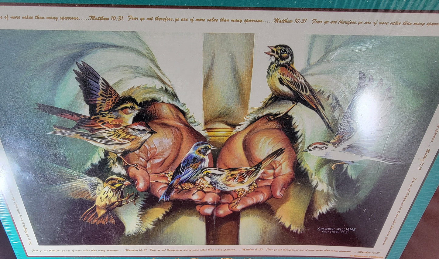 In his hands, 1000 piece jigsaw puzzle (nib)
brand new 30 inches by 19 inches puzzle. puzzle depicts Jesus with his hands out feeding the birds . the item is new and sealed.