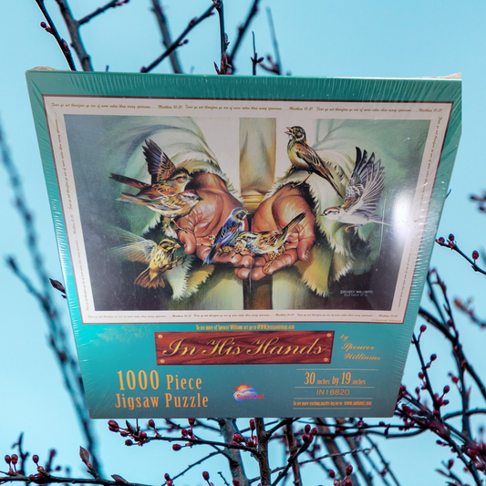 In his hands, 1000 piece jigsaw puzzle (nib)
brand new 30 inches by 19 inches puzzle. puzzle depicts Jesus with his hands out feeding the birds . the item is new and sealed.