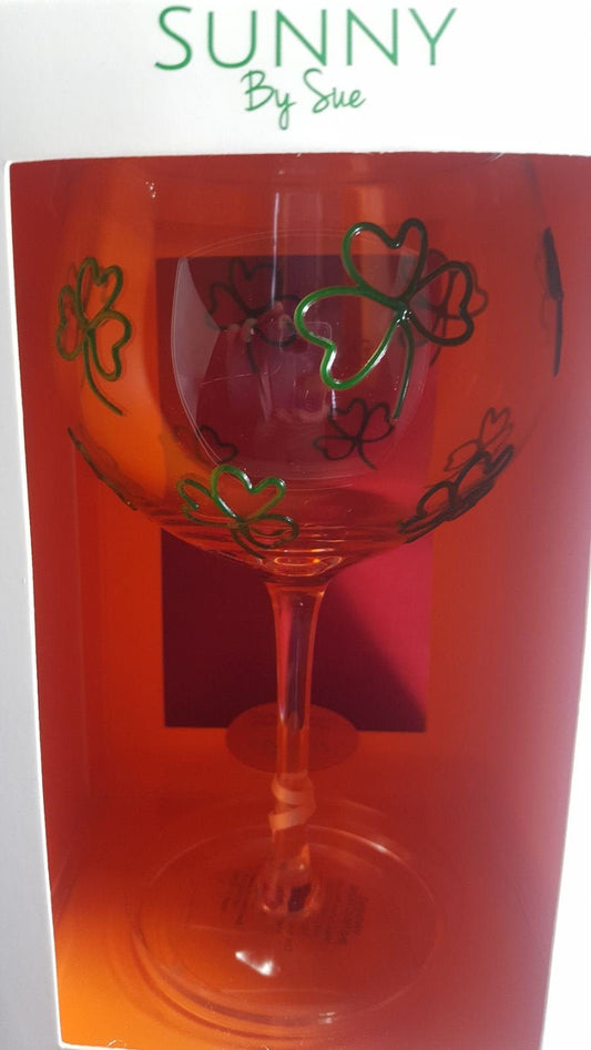 Sunny By Sue Green Irish Shamrock Large Balloon Gin Copa Glass Hand Painted Gift