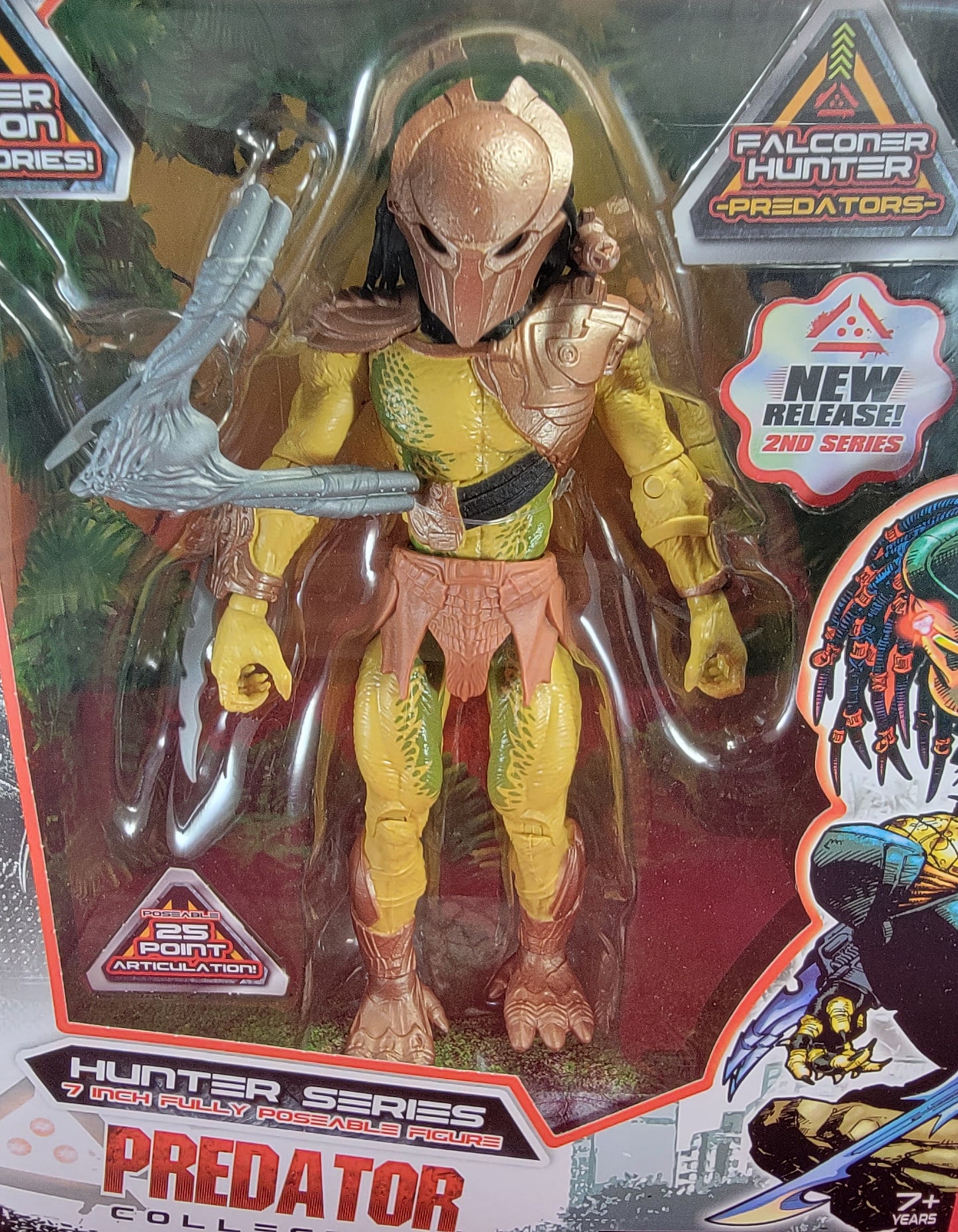 7 inch falconer hunter predator (nib) Brand new fully poseable Wal-Mart exclusive jungle hunter predator. 25 point articulation figure from lanard. Excellent condition except for one of the weapons is loose in the packaging.