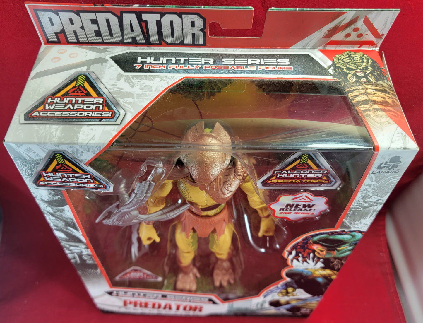 7 inch falconer hunter predator (nib) Brand new fully poseable Wal-Mart exclusive jungle hunter predator. 25 point articulation figure from lanard. Excellent condition except for one of the weapons is loose in the packaging.