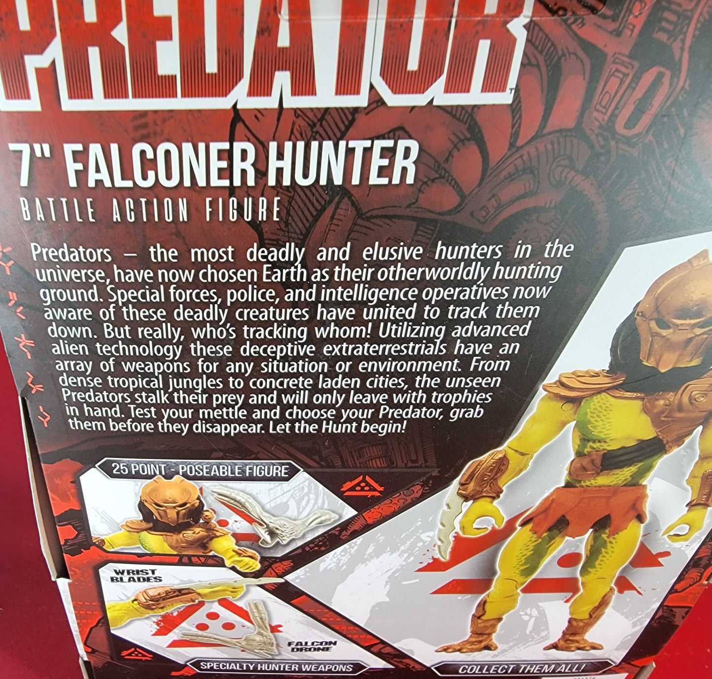 7 inch falconer hunter predator (nib) Brand new fully poseable Wal-Mart exclusive jungle hunter predator. 25 point articulation figure from lanard. Excellent condition except for one of the weapons is loose in the packaging.